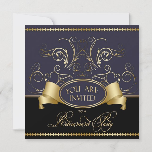 Elegant Retirement Party Invitation Blue Gold Bl (Front)
