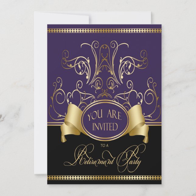 Elegant Retirement Party Invitation Purple Gold Bl (Front)