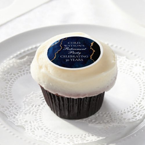 Elegant Retirement Party Navy Blue Gold Agate  Edible Frosting Rounds