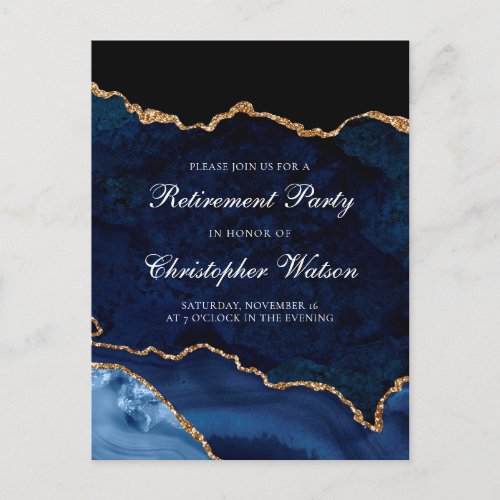 Elegant Retirement Party Navy Blue Gold Agate  Invitation Postcard