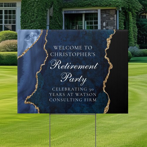 Elegant Retirement Party Navy Blue Gold Agate Yard Sign