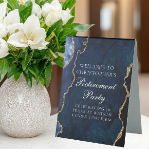 Elegant Retirement Party Navy Blue Gold Welcome Table Tent