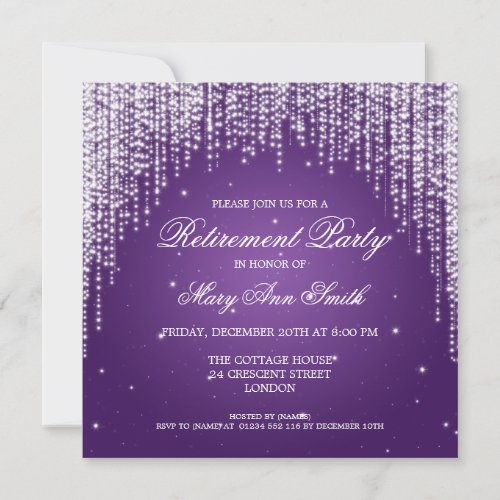 Elegant Retirement Party Night Dazzle Purple 5.25x5.25 Square Paper Invitation Card