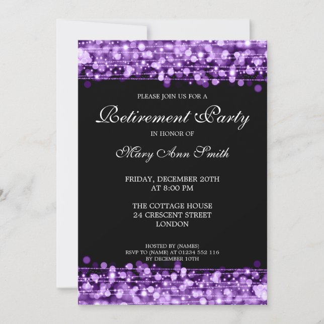Elegant Retirement Party Purple Sparkles Invitation (Front)