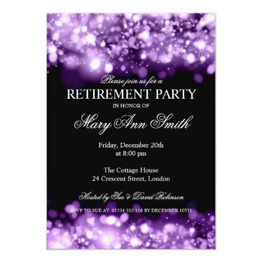 Elegant Retirement Party Purple Sparkling Lights 5x7 Paper Invitation Card