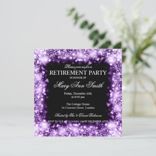 Elegant Retirement Party Purple Sparkling Lights Invitation | Zazzle