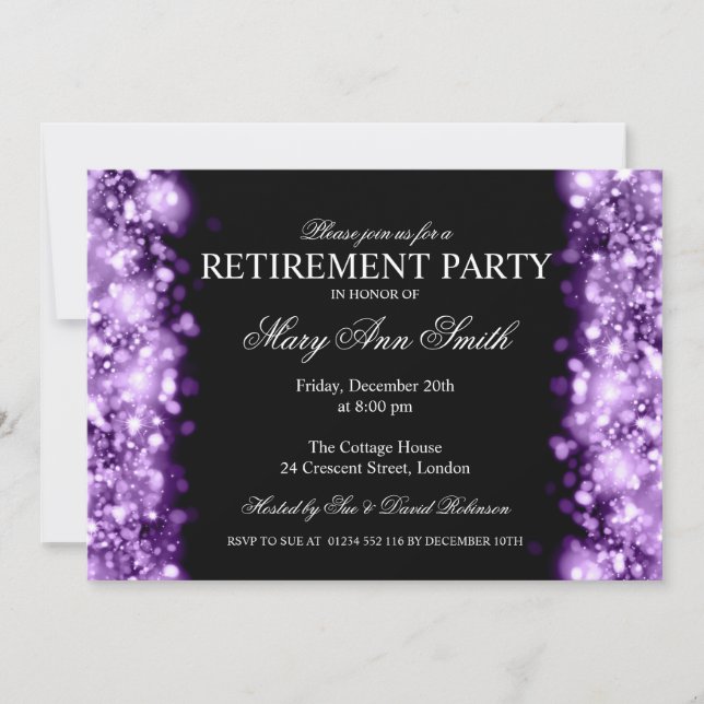 Elegant Retirement Party Purple Sparkling Lights Invitation (Front)