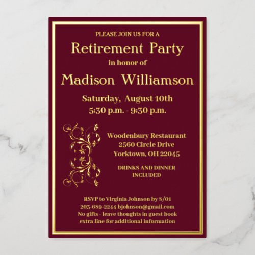 Elegant Retirement Party Red REAL Gold     Foil Invitation