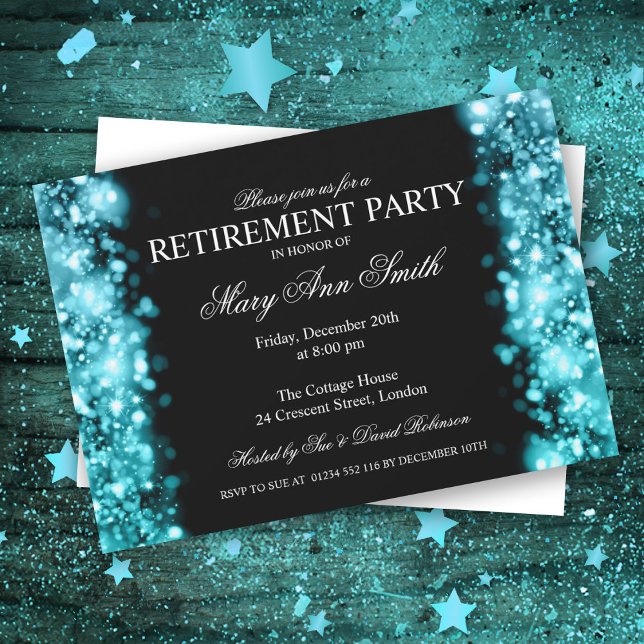 Elegant Retirement Party Sparkling Lights Turquois Invitation (Creator Uploaded)