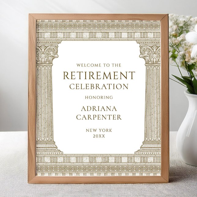 Elegant retirement party welcome sign with temple (Creator Uploaded)