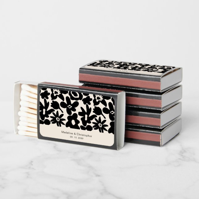 Elegant Retro Abstract Floral Black Wedding Matchboxes (Stacked)