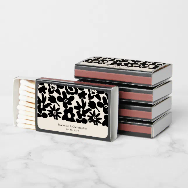 Elegant Retro Abstract Floral Black Wedding Matchboxes | Zazzle