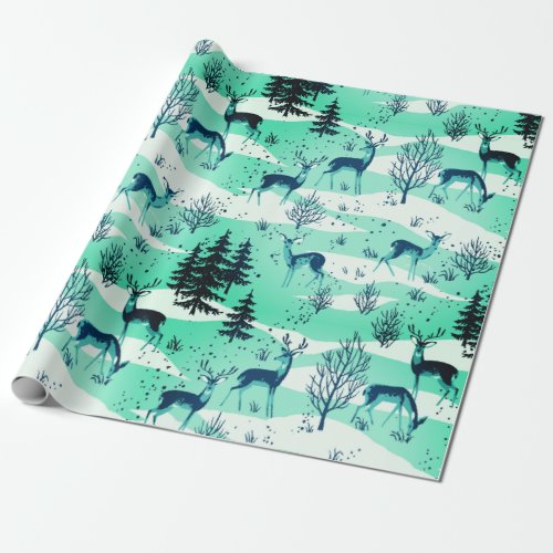 Elegant Retro Aqua Blue Woodland Deer Wrapping Paper