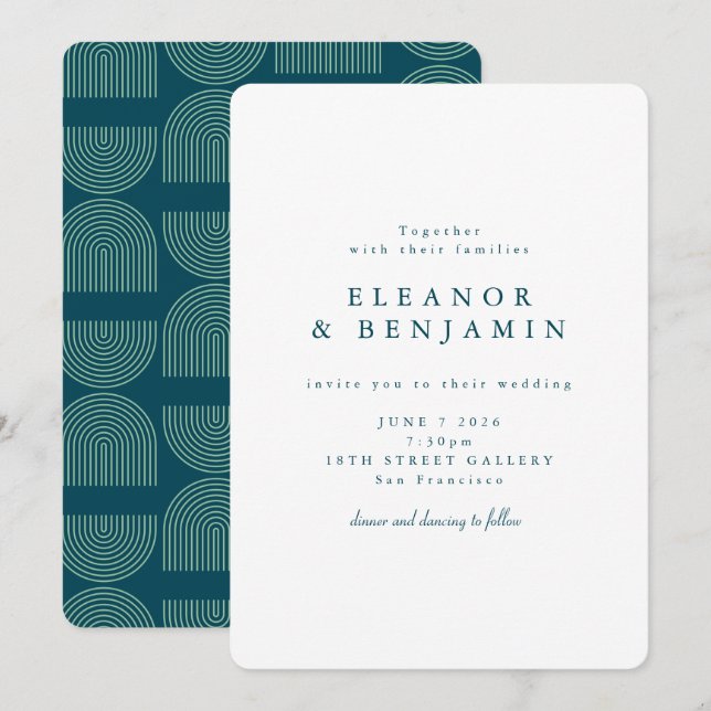 Elegant Retro Arch Lines White Teal Blue Wedding  Invitation (Front/Back)