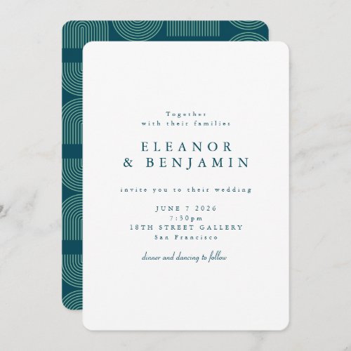 Elegant Retro Arch Lines White Teal Blue Wedding  Invitation