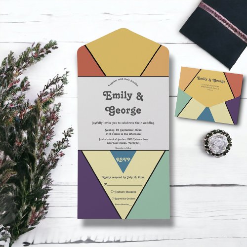 Elegant Retro Art Deco Groovy Chic Modern Wedding All In One Invitation