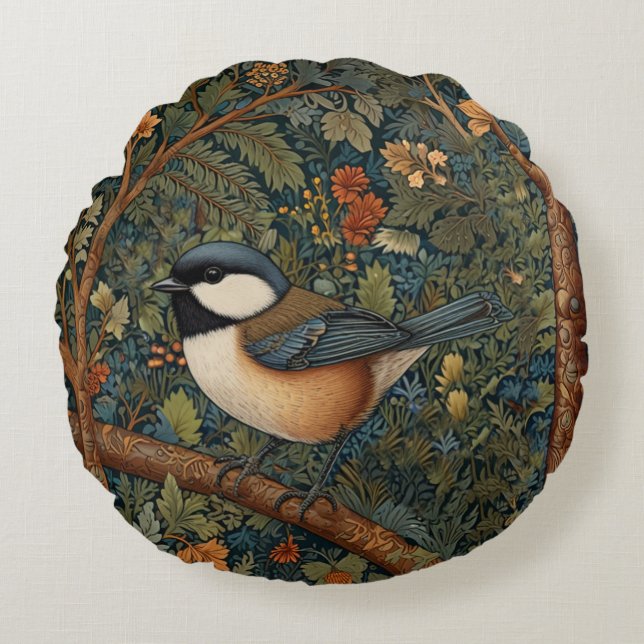 Elegant Retro Art Nouveau woodland bird Round Pillow (Front)