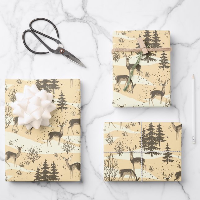 Elegant Retro Beige Cream Woodland Deer Wrapping Paper Sheets (Front)
