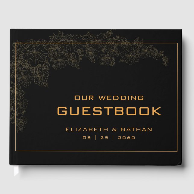 Elegant Retro Black Gold Wedding Quote Guest Book (Front)
