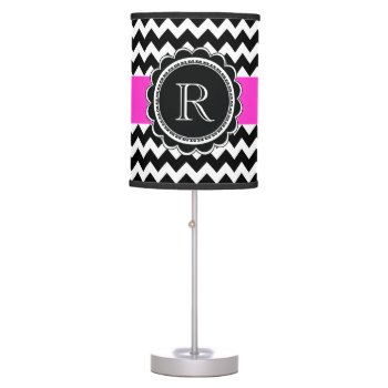 Elegant Retro Black Hot Pink Monogram Chevron Table Lamp by VillageDesign at Zazzle