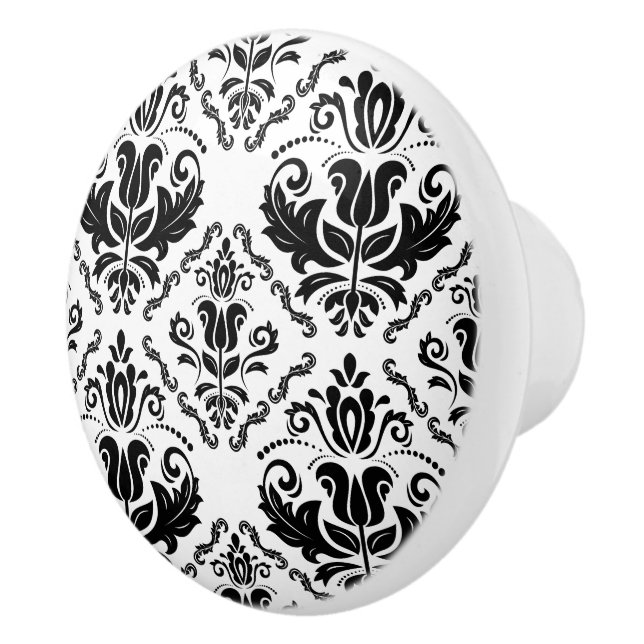 Elegant Retro Black White Damask Pattern Ceramic Knob (Right)