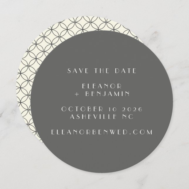 Elegant Retro Black White Line Art Wedding Round Save The Date (Front/Back)