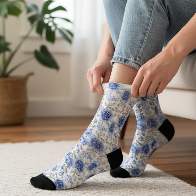 Elegant Retro Blue Floral Pattern Spring Botanical Socks (Creator Uploaded)