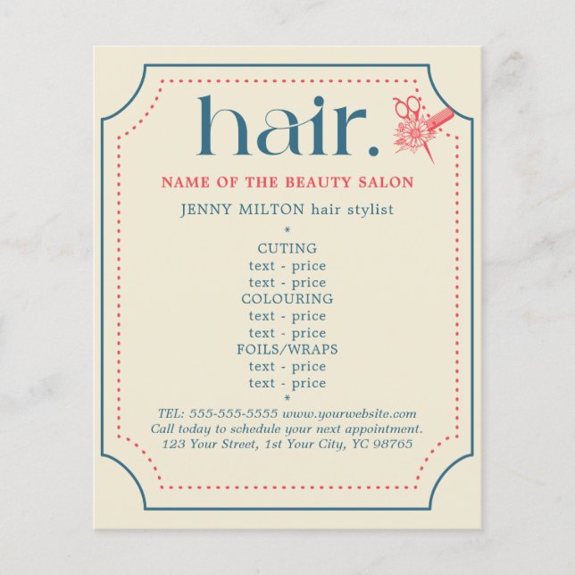 Elegant Retro Blue Golden Scissors Hair Menu Flyer (Front)