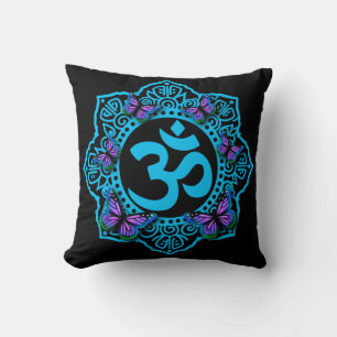 Elegant retro Blue ohm mandala purple butterflies Throw Pillow