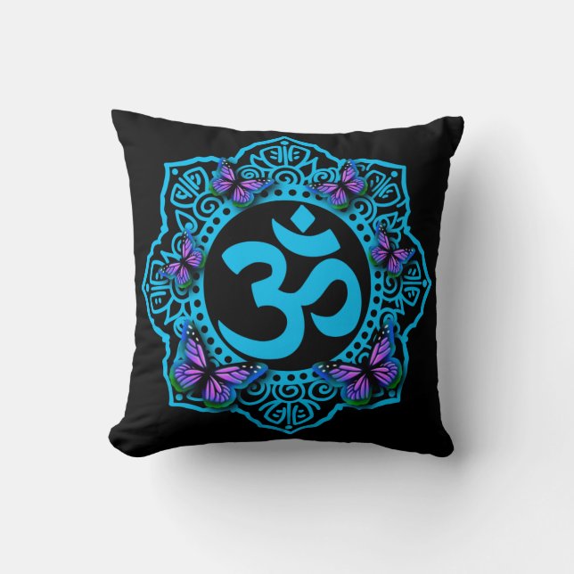 Elegant retro Blue ohm mandala purple butterflies Throw Pillow (Front)