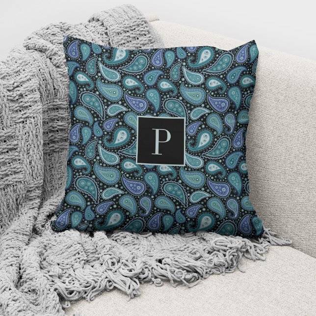 Elegant Retro Blue Paisley Pattern Monogrammed Throw Pillow (Creator Uploaded)