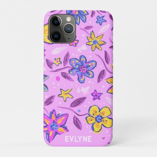 Elegant Retro Blue Pink Modern Watercolor Floral  iPhone 11 Pro Case