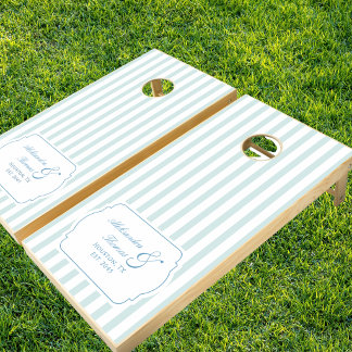 Elegant Retro Blue White Stripes Coastal Wedding Cornhole Set