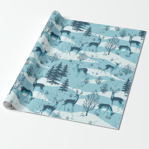 Elegant Retro Blue Woodland Deer Wrapping Paper