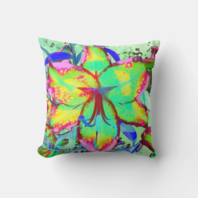 Elegant retro boho abstract green pink floral throw pillow (Front)