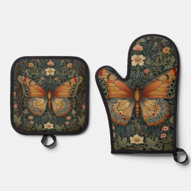 Elegant retro boho butterfly botanical greenery oven mitt & pot holder set (Front)