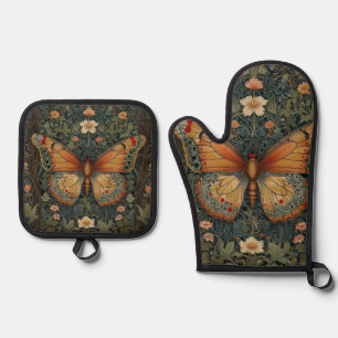 Elegant retro boho butterfly botanical greenery oven mitt & pot holder set