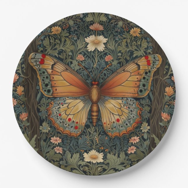 Elegant retro boho butterfly botanical greenery paper plates (Front)