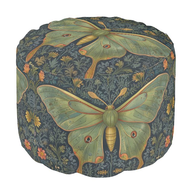 Elegant retro boho Luna moth botanical  Pouf (Angled Back)