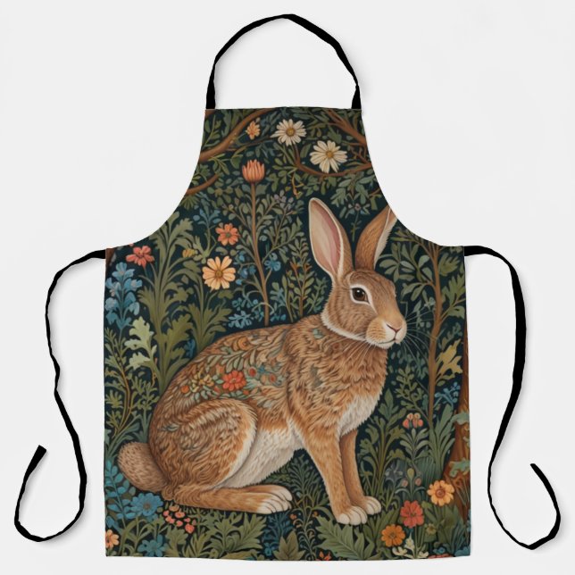 Elegant retro boho rabbit woodland floral apron (Front)