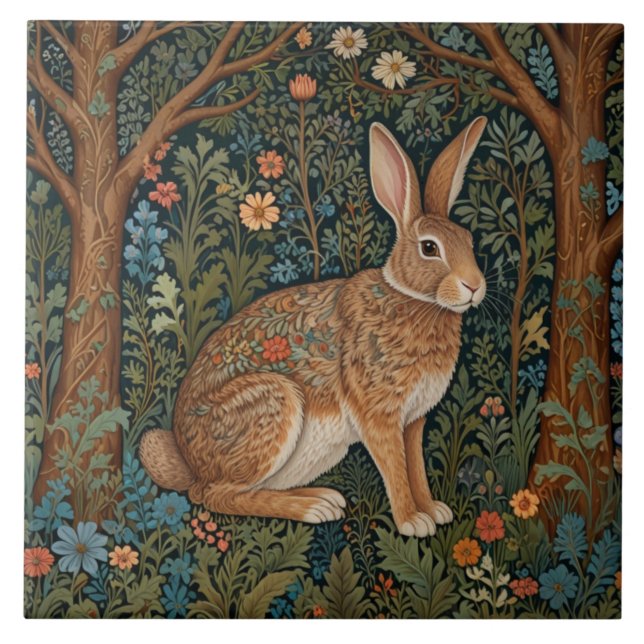 Elegant retro boho rabbit woodland floral ceramic tile (Front)