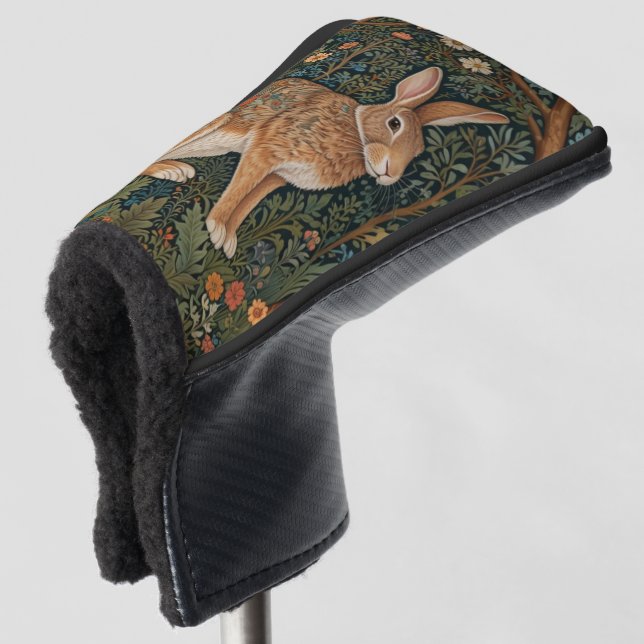 Elegant retro boho rabbit woodland floral golf head cover (3/4 Front)