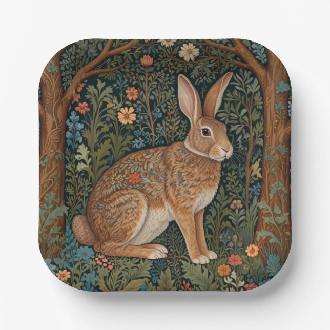 Elegant retro boho rabbit woodland floral paper plates (Front)