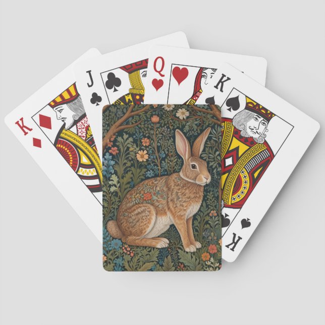 Elegant retro boho rabbit woodland floral poker cards (Back)
