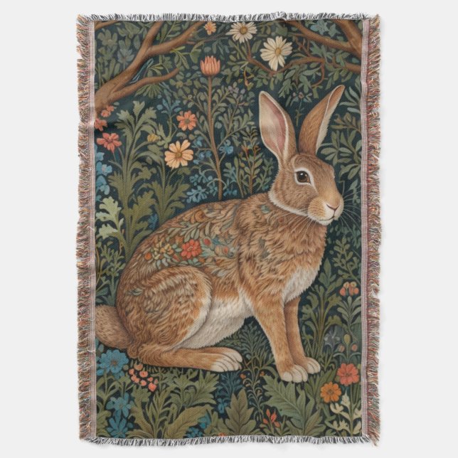 Elegant retro boho rabbit woodland floral throw blanket (Front Vertical)