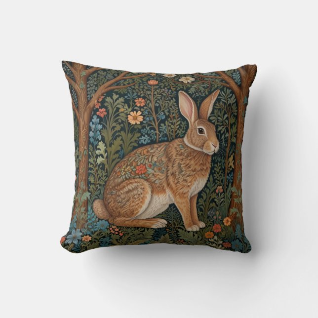 Elegant retro boho rabbit woodland floral throw pillow (Front)