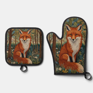 Elegant retro boho red fox woodland animal oven mitt & pot holder set