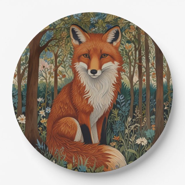Elegant retro boho red fox woodland animal paper plates (Front)