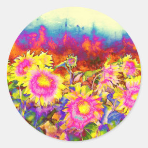 Elegant retro boho watercolor sunflower fields classic round sticker