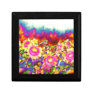 Elegant retro boho watercolor sunflower fields jewelry box